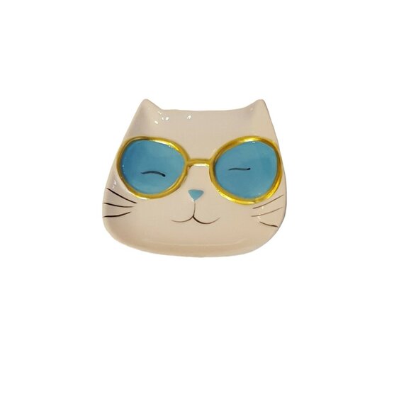 Cool Cat Trinket Jewelry Tray Nightstand Dish Plate Ceramic White Sunglasses - Picture 3 of 5